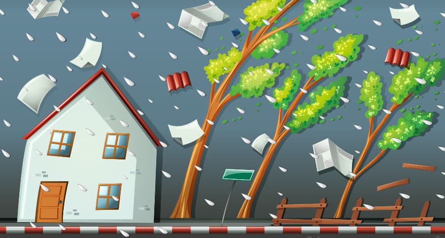 Graphic of a storm impacting a house and the immediate surroundings