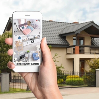 Naperville vivint phone display of cctv live feed in front of a house